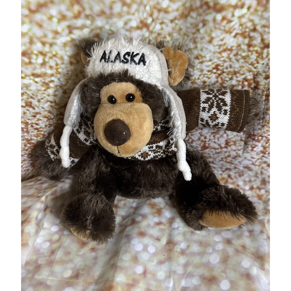 Alaska Stuffed Animal - Plush Brown Bear with hat and sweater - sits 9" tall - Picture 1 of 4